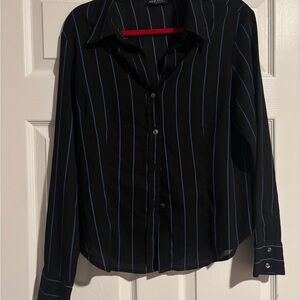 New York & Company Black Shirt with Blue Stripes